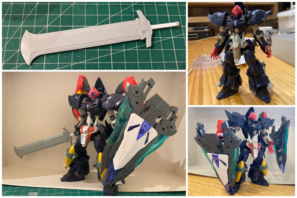 [制作途中]大剣ノートゥングは持ち手の部分だけ、デルタカイのビームサーベルの持ち手を使っていますが、そのほかはスクラッチとなっています😌徐々にスクラッチもできることが増えてくると楽しいものですね笑本体の方は元ネタであるアルディラッドカンバーの雰囲気に寄せられるよう、パーツの貼り付けなどでファンタジー味を追加しています😌最初大盾は、コトブキヤのナイトマスターソードで作ろうと思っていたのですが、どうにも2つ目の素材が手に入らず、なんとか手持ちにあるものでそれっぽく再現することにした結果なのですが、思いの外、それっぽく仕上がってくれたのでお気に入りです☺️