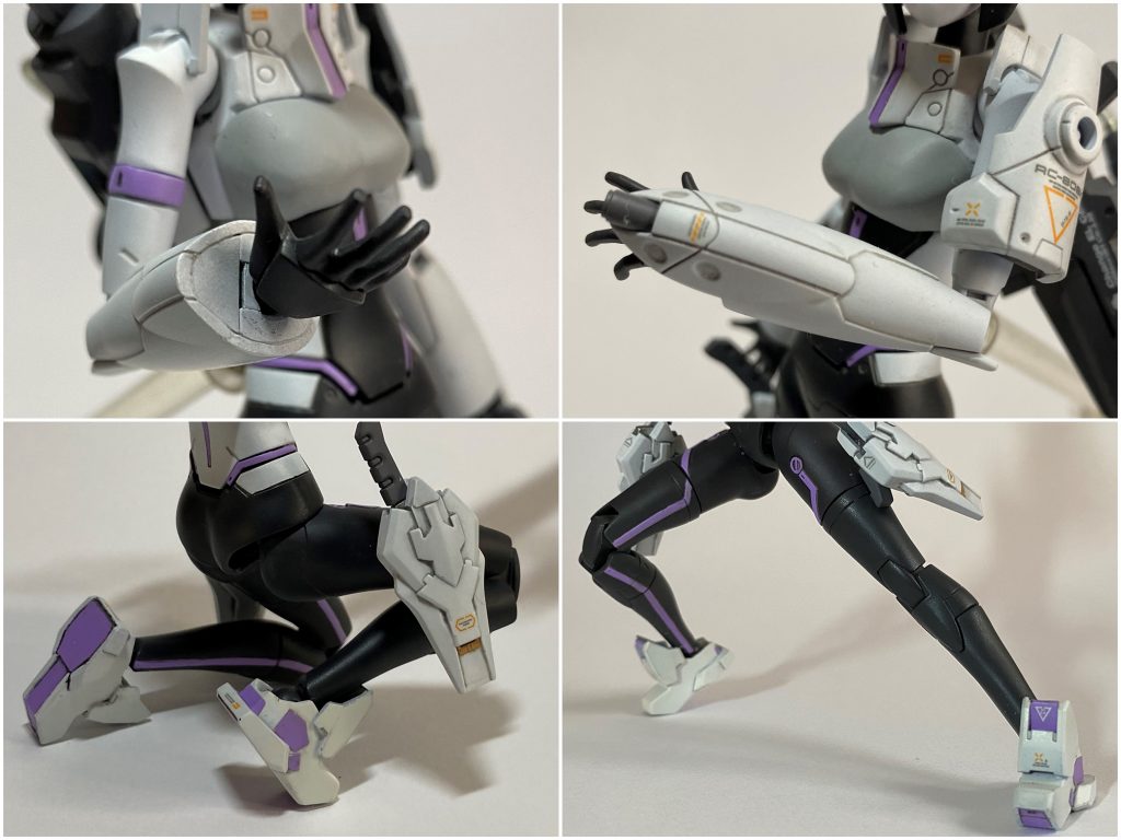 ■腕部右腕は射撃時に邪魔になる装備類が撤去された。左腕は上腕に小型の装甲板、前腕部には近距離戦用のビームガンが設置されている。■脚部頭部スタビライザーが撤去されたが、機動性を補うための推進器を足裏やバックパックに設置できないため、大腿部にブースターが増設されている。後述のプラズマナイフの鞘を兼ねた装備。また、足パーツは安定性や運動性を重視した小型かつフラットな形状のものが採用された。