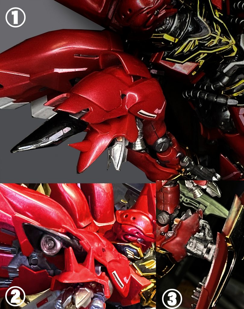 1、肩の先端にパーツ追加。これくらいの長さで、腕のディテールパーツと背面パーツの視覚的長さのつながりが自然になるかなと。本体色で塗るとクドく感じたので黒に塗装。内部パーツに接着しているので上下に可動します。元はシナンジュの腰サイドパーツだったかな?2、この内部にはバーニア追加。これで機能的にも意味のあるパーツに見せる3、シールドのマウントは、なーんかややこしい感じだったので、単純な棒ぶっ刺し型に変更。シッカリ感と角度自由度を確保。基部をジャンクで盛ってみた