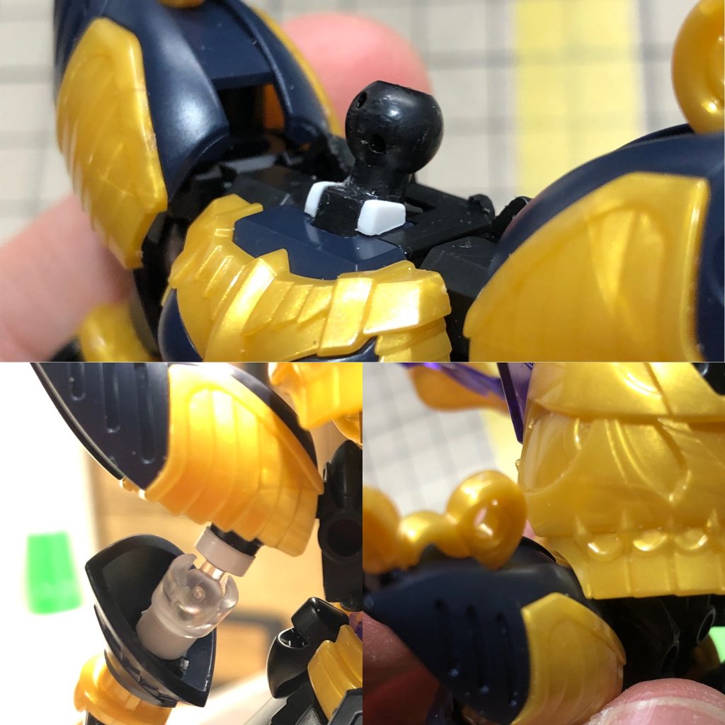 肘関節の工作。首は可動が水平より沈むので、ストッパーを作り斜めで止まるように、後ろ髪の左右も削り可動域を広げています。