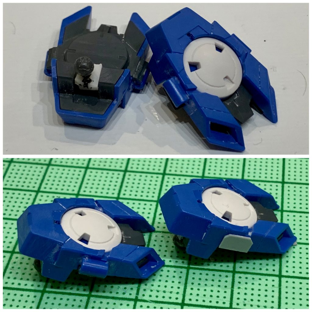 腰のコンデンサは受け軸をプラ棒で作り、側面を加工しています。