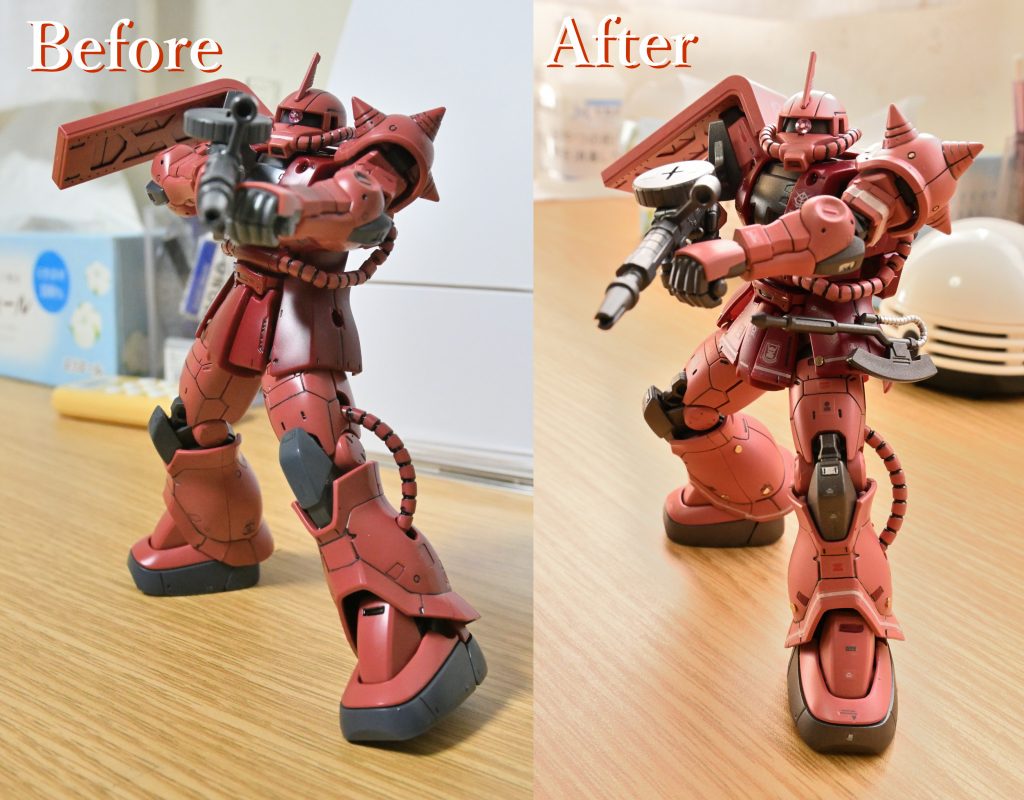 左はスミ入れだけした状態。右は完成品。