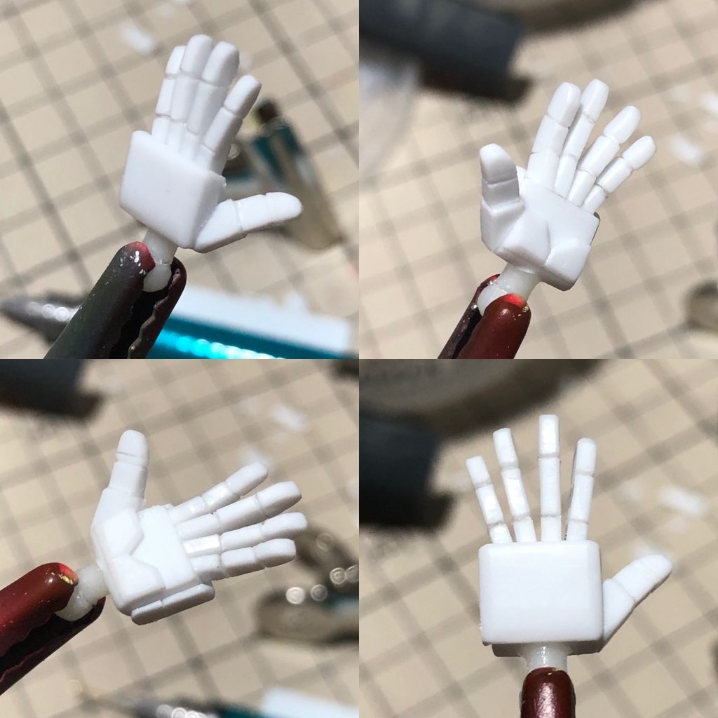 ハンドパーツのスクラッチ。先達の工作を参考に、プラ板から作りました。１個作って失敗し、既存のハンドパーツや自分の手とにらめっこしながら作りました。
