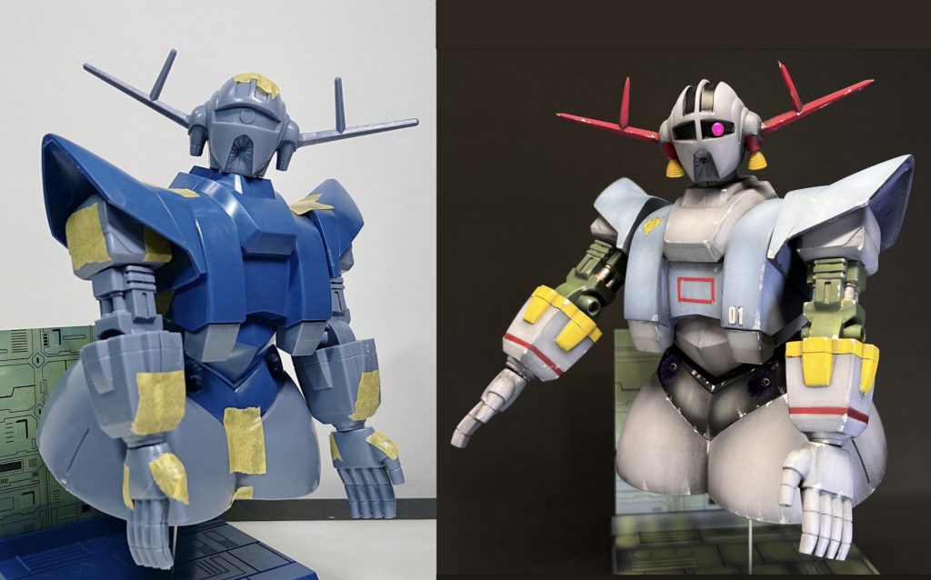 素組みと並べて。後年のような色プラでは無いので、しっかり塗り分けると出来上がりの達成感はひとしおですね。元々彫刻されていたモノアイは裏から削り取り、パテで埋めてツライチに。当初は表から平坦にしたかったのですが、技量不足で実現できず💧