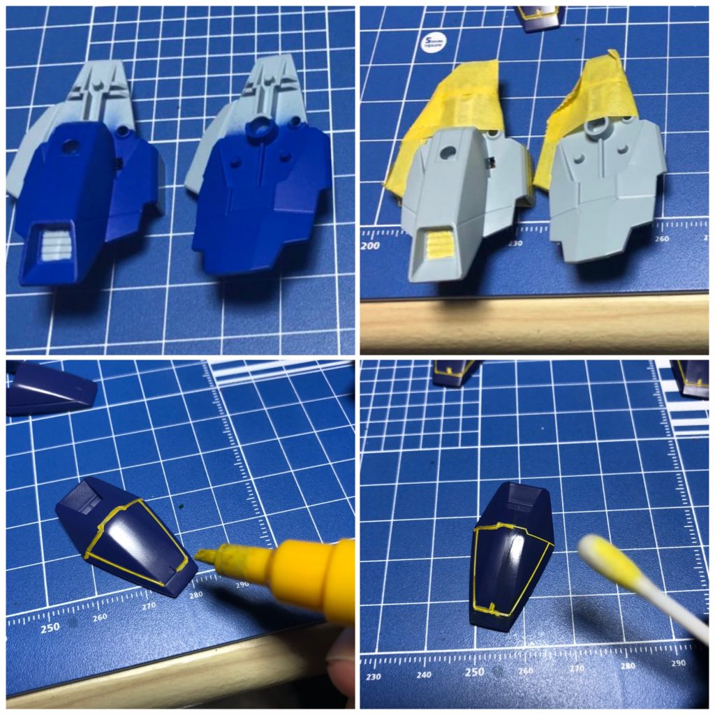 マスキングしたり、ガンダムマーカーで墨入れっぽくしてみたり。黄色で墨入れしたのは、装甲/フレーム内にもセンサーマテリアル(名付けてライトニングインパルスシステム)を仕込んで射撃照準性能を上げた、という設定ですw
