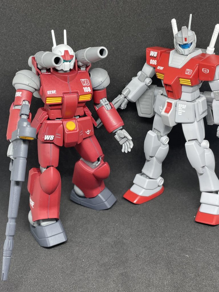 スレッガーさん用ジム、セイラさん用のジムとも並べて。でもまだハヤトのガンキャノンは作れていない…いつかハヤトのガンキャノンも作らねばだなぁ。