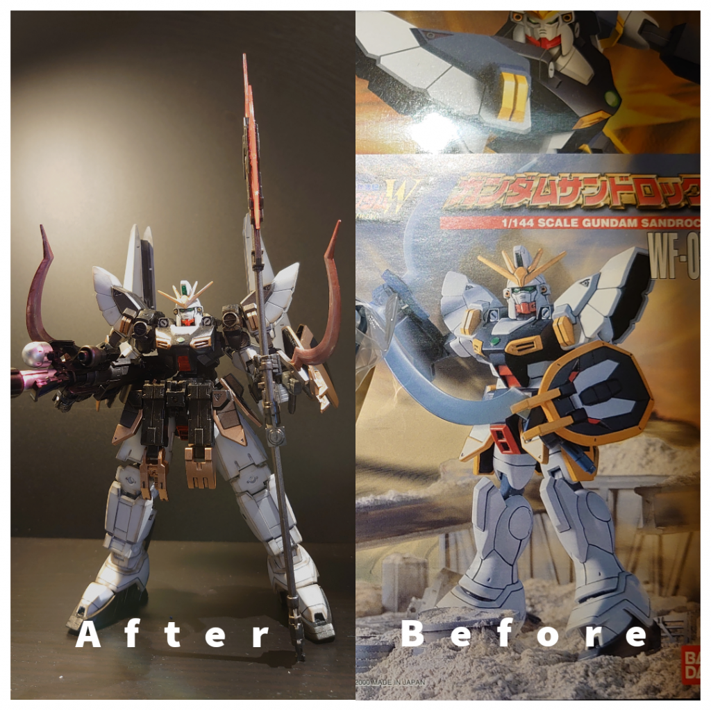 旧キット箱絵と比較したビフォーアフターです。顔面整形は、顎と頬を削り、目を小さく、鼻?を整え、バルカンの穴開け、アンテナのシャープ化等、頑張りました(^^;体型も10頭身を達成しています👏