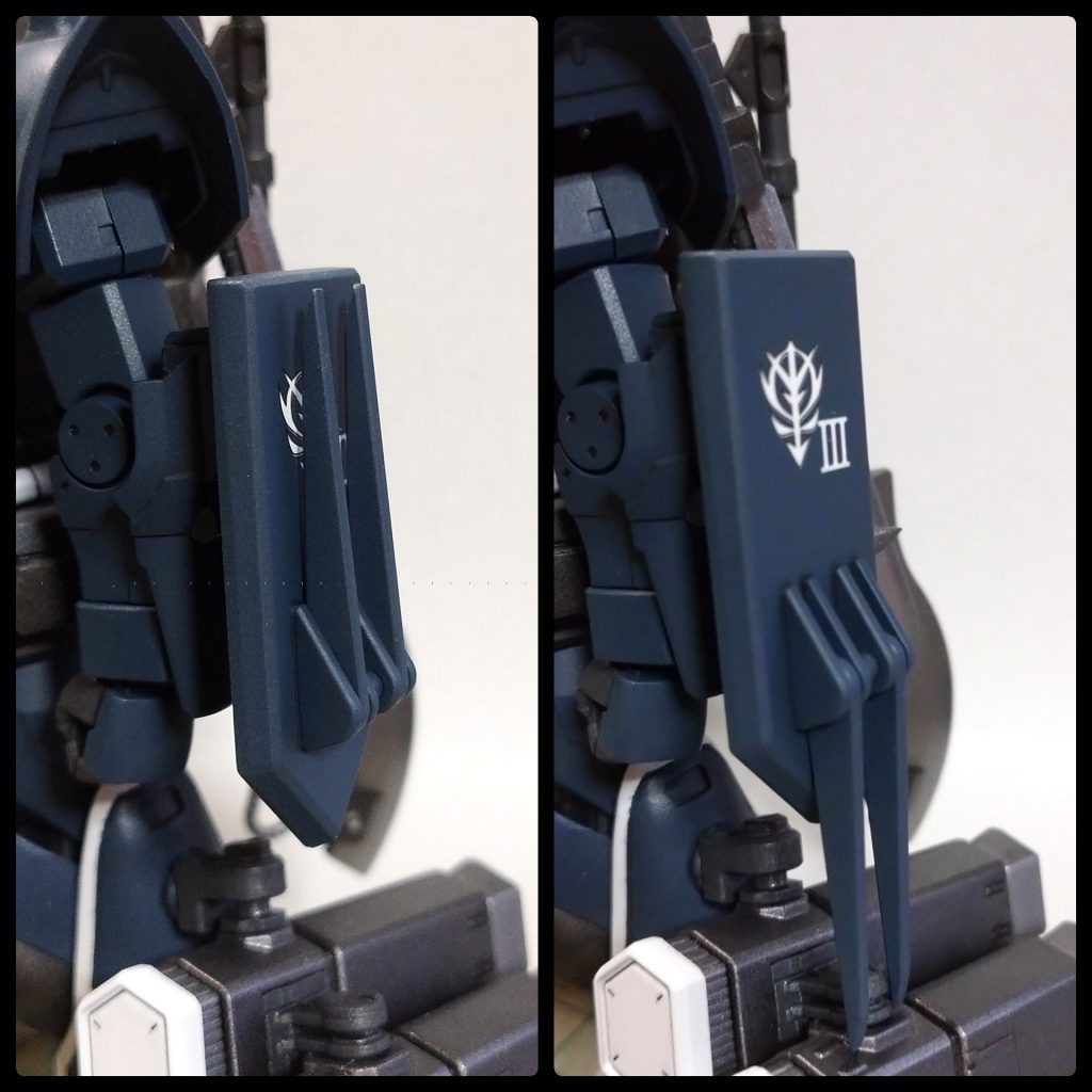 HGUCヅダから頂いたシールドピック。ショルダーアーマーとの干渉を避けるために上部2/5ほどを切断して短くしてます。ここのマウント接続で一番悩んだかも。