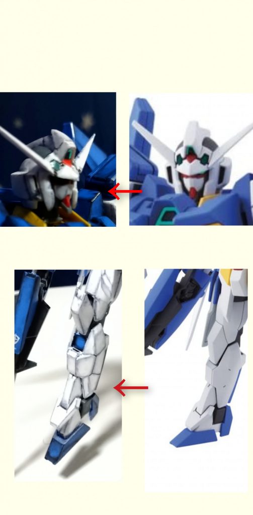 他の方の作例を参考に、大腿部と一体化されていた膝を切り離し独立可動させ、空いた隙間に青いランナータグを入れて、差し色としましたこれにより脚部が大きく見えるんじゃないかと思います…が、これにより膝が畳めなくて変形出来なくなり、どうするか迷っていた胸部Aマーク変形用の凹部を埋める決意するに至りました