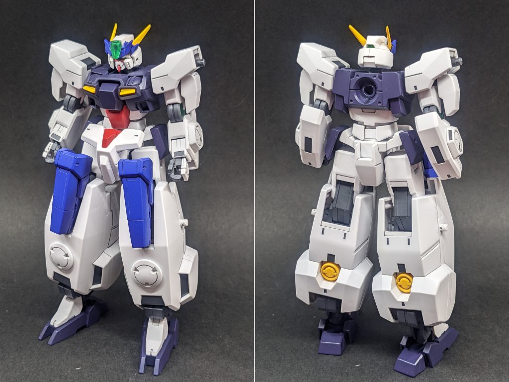 セラヴィー本体頭部はセラヴィーの頭にコアガンダムIIの顔を移植して頭部センサーはジャンクバーツを切り貼りして作製。足はシェヘラザードの足首を加工してユーラヴェンの足をはめ込んでます。あとは全体的にジャンクパーツでディテールアップ