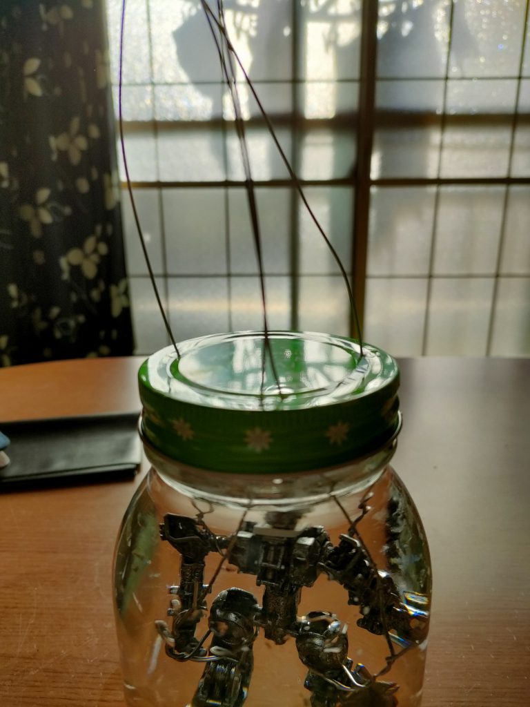 瓶に水で満たし、MSを入れ、針金通したフタで閉める。