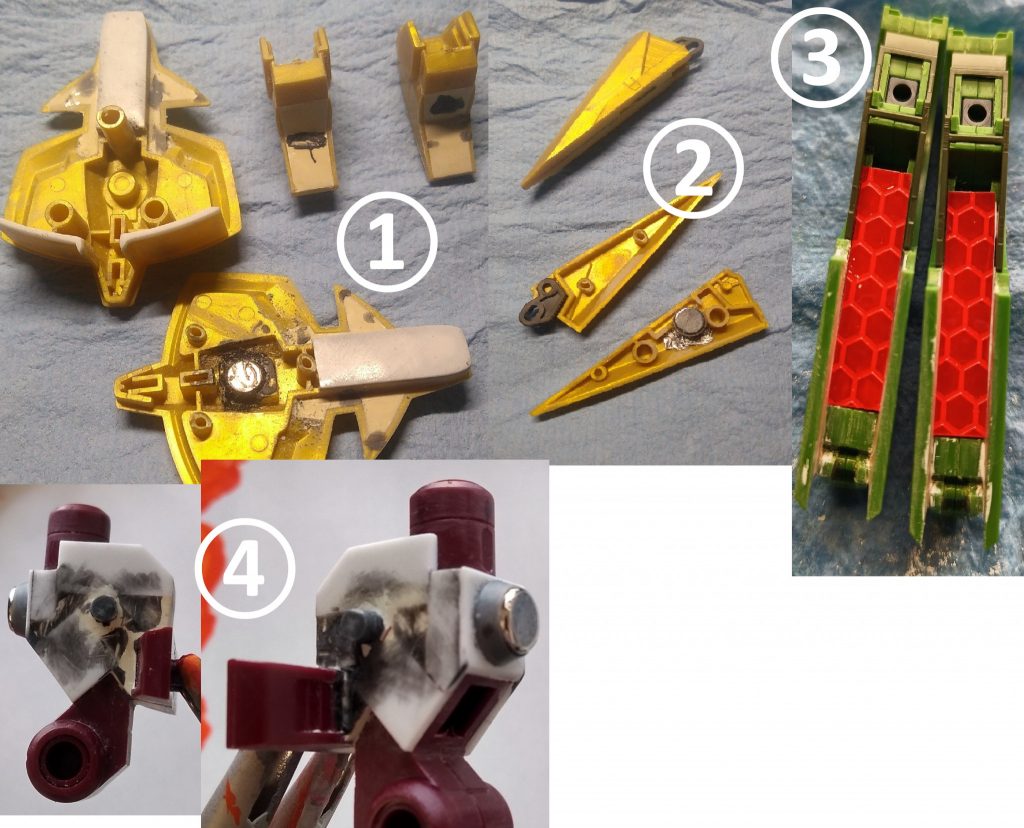 ジオニックソードの改造とバックパックです①→クリアランス確保のため0.5㎜プラバンで幅増ししています肉抜き穴を埋め、バックパック接続用の四角い穴を基準にダイソーの磁石を接着しました②→剣の先端です、これもダイソーの磁石を接着しています③→剣の内部です、濃い緑と薄い緑が重なる部分を切断し段差をなくして一直線にしています赤いシートは、セリアの反射シートです④バックパックです、プラバンで囲って大型化、銀色はダイソーの磁石その下のグレーはバーニアを使っています