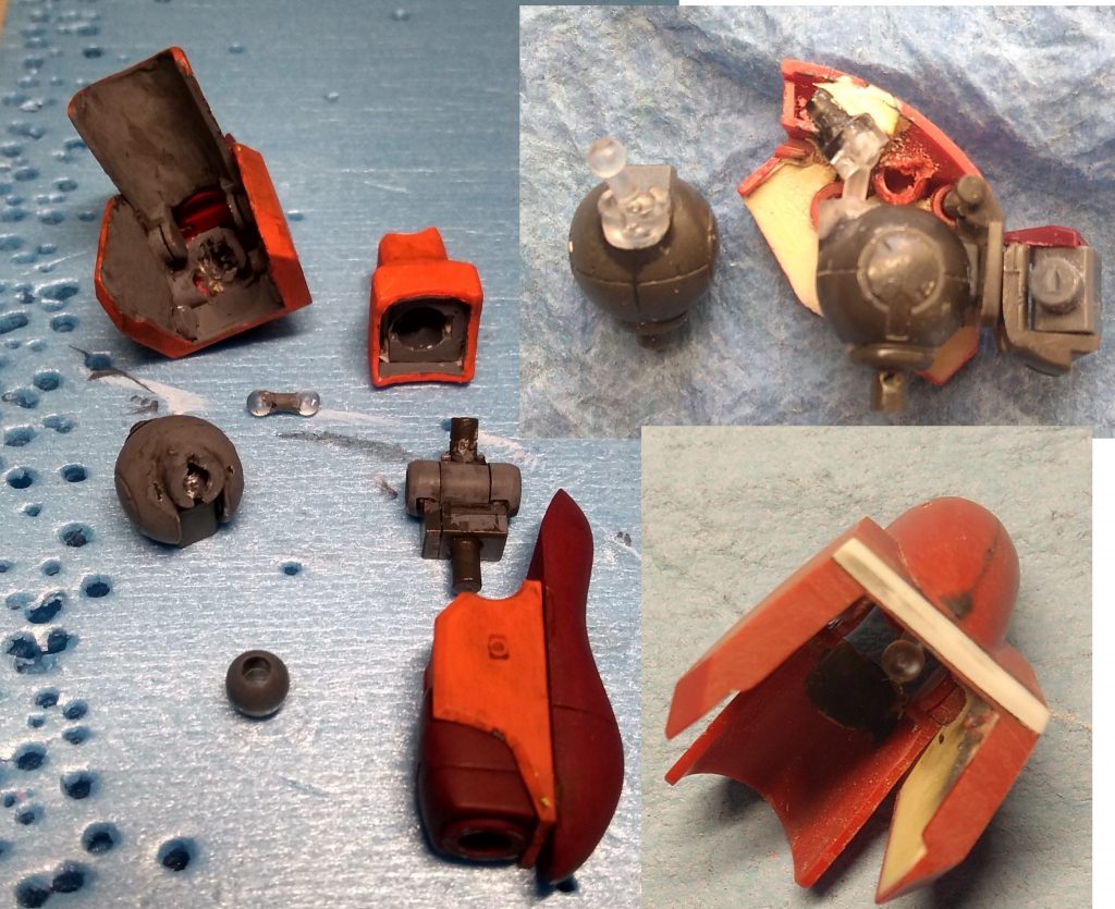 肩の構造です内部の球形パーツに関節技ダブルボールジョイント小を組み込みました右上の写真は、肩パーツにボールジョイント受けを固定した際の物です