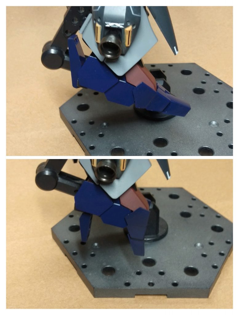 通常の足と、フライトモードの足です。ペーネロペーか、Ξガンダムにこんな感じの機構ありますよね。