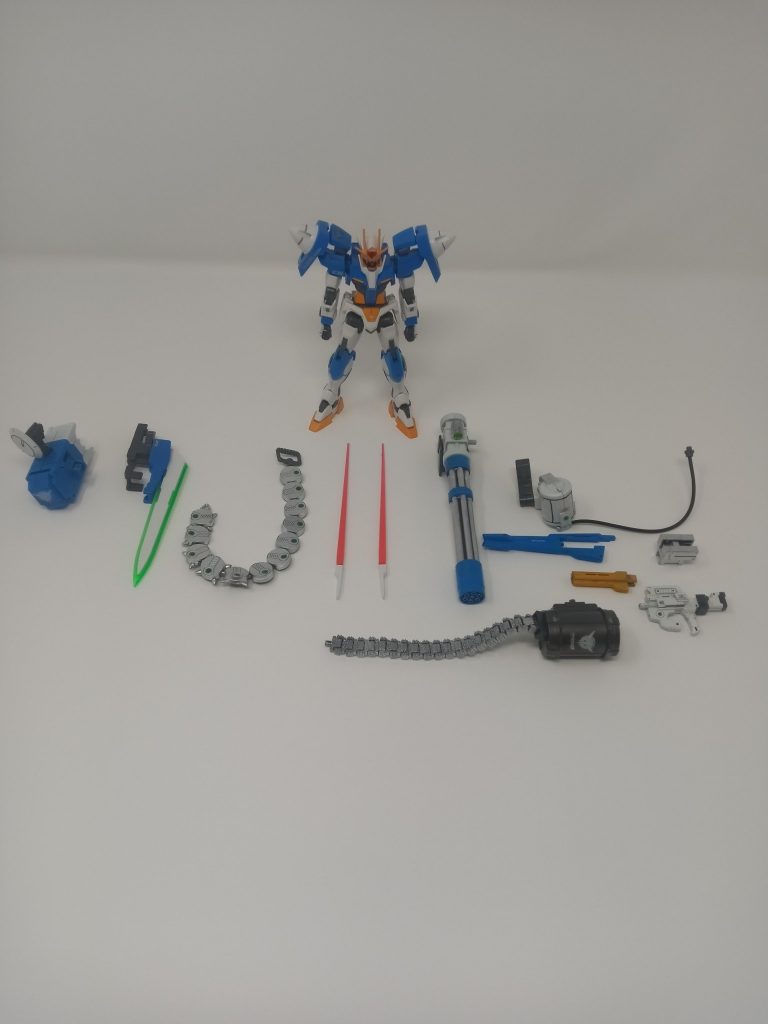 Weapon list:Beam Sabers 2xGN Sword IIIGN ChainmineGN Laser Rifle (with ammo pack)GN Battery (For GN Laser Rifle)GN Giant Gattling (with ammo drum)GN Missile (with Radom attached)Special Systems:Twin GN DrivePurge System Trans-AmGuiding LaserGN Field