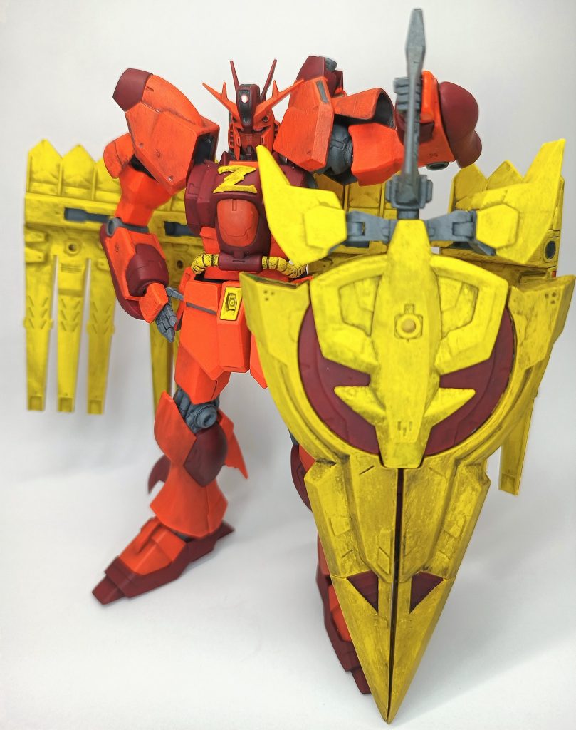 スタンドを使わずともこのポーズで自立できましたこのポーズでケースに入れて展示してあります・塗装についてターナーミルクペイントマルチプライマーの上から、ターナーアクリルガッシュを筆塗り、その後Mr.ウェザリングカラー・マルチブラックでウォッシングし、最後にMr.プレミアムトップコートつや消しの順に塗装しました赤→バーミリオン+ジェッソ一滴濃い赤→クリムゾン黃→パーマネントイエロー+ジェッソ一滴グレー→ニュートラルグレー5如何だったでしょうか?ご閲覧ありがとうございましたヽ( ゚ω゚)┘ハァームチムチケイグ