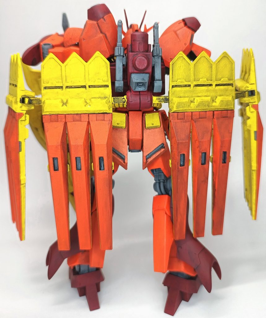 バックパックは両側をプラバンで挟み込んで大型化、本体との接続部分を少し上に移動させていますジオニックソードとの接続は、ダイソーで購入した磁石によって接続されています、元キットより見栄えが良くなったのではないかとしかしながら、ジオニックソードのギミックによって重量が増えまして…そのままだと直立が難しくなり、急遽スタンドを制作しました…