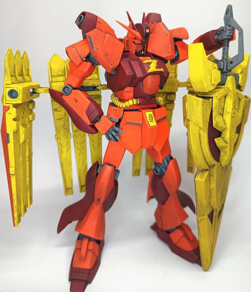 地味にお気に入りのポーズです、元キットでは不可能な肩パーツの位置だと思います肩の球体パーツと肩パーツを、関節技ダブルボールジョイントの一番小さい物で接続していますところが、それだと外側から丸見えになってしまいましたので、肩のサザビーっぽい部分の穴を埋めて見えにくくしました