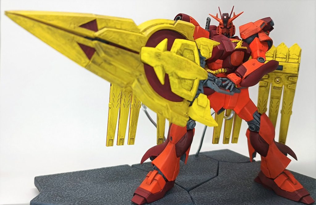 みんな大好き勇者パースです最近のキットの様に肩がBJで無くとも、何とかこの取れるようになりました足首の改造によって脚を広げても設置するようにもなりましたしかしながら流石にジオニックソードが重いので、ダイソーの3mmアルミ線で保持しています