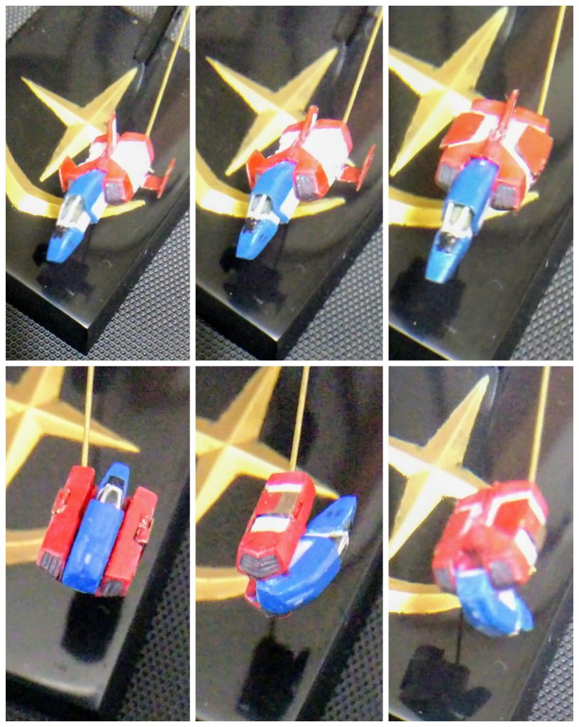 1/380でフルスクラッチしたコアファイター完全変形シークエンス。 左上より時計回りで。