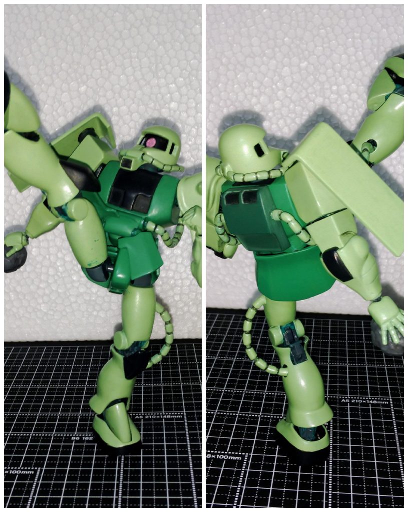 ハイキックもこなします。フロントスカートの可動に加えて腹部のダブルボールジョイント化のおかげで前傾姿勢、のけぞり&横ロールが可能となり、自然なポージングで自立します。