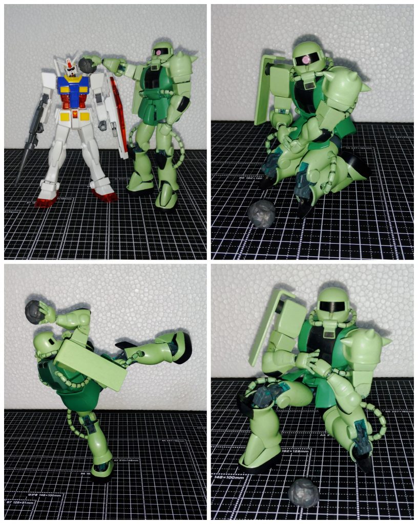 各ショット正座、膝立ち、バスケの片手ロングシュート風ポーズ等をこなします。この他にも体育座り、女の子座り等が可能で可動スタンドを使用するとあらゆるポーズが出来ます。モノアイもヘルメット部を取り外して中の黒の円柱パーツを回してヘルメットを再セットすれば可動します。岩でしばかれているガンダムとのツーショットはサイズ比較です。約頭一つ分位全高が大きくなっています。しばかれたガンダムの首が「ゴキっ」と鳴った音が聞こえそうです。（笑）HGでは無理でもROBOT魂でアニメ版ドアンザクを販売してください。お願いします。バンダイさん!　
