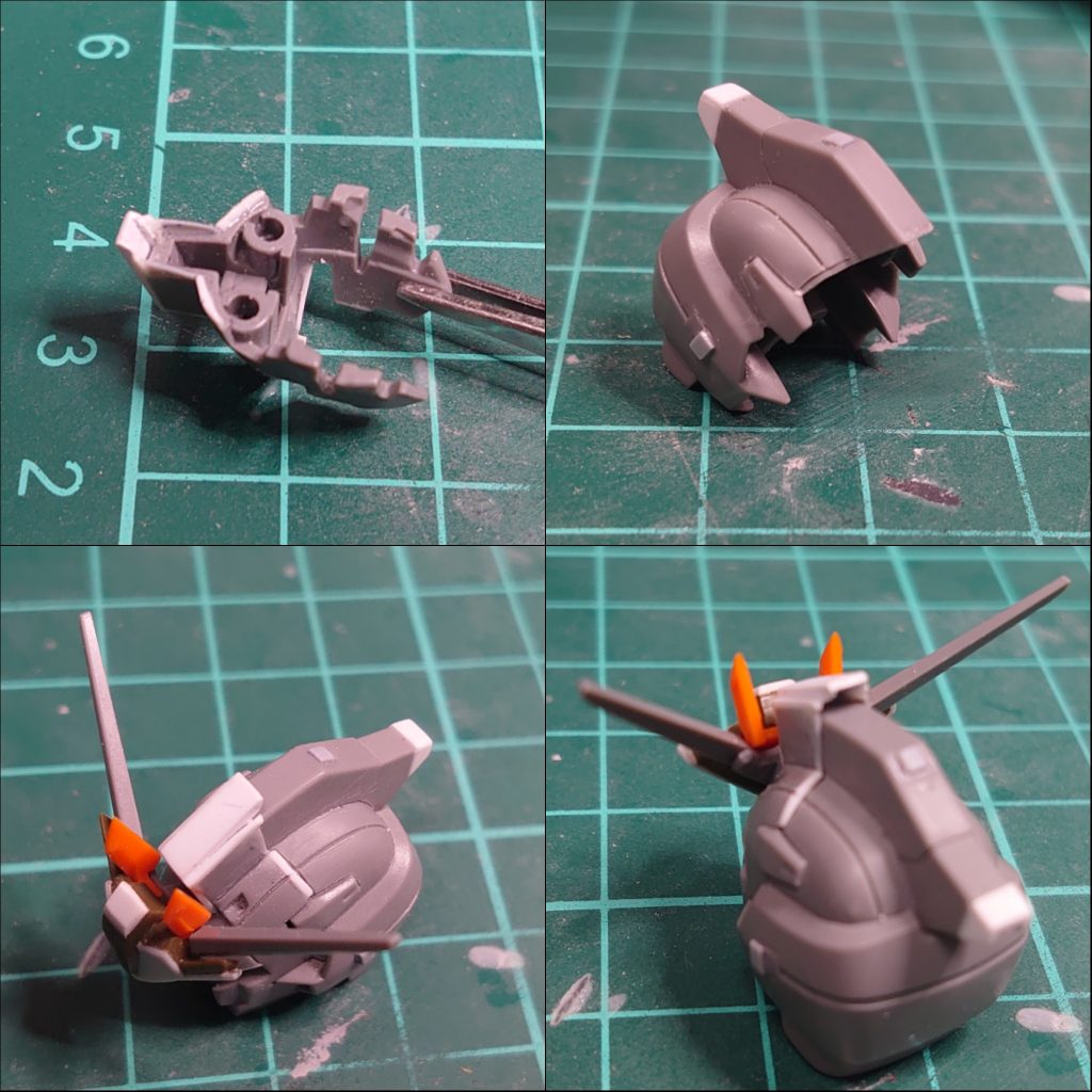 頭は真横で分割されるので合わせ目消しが必要。しかしフェイスパーツが複雑すぎて上部を一体化すると入りが悪い。その為合わせ目を被せるよう正面側は後へ0.5㍉延長して後ろ側からは0.5㍉段差加工しました。そうすると段ができ合わせ目消さなく、中のパーツが従来通り組めます