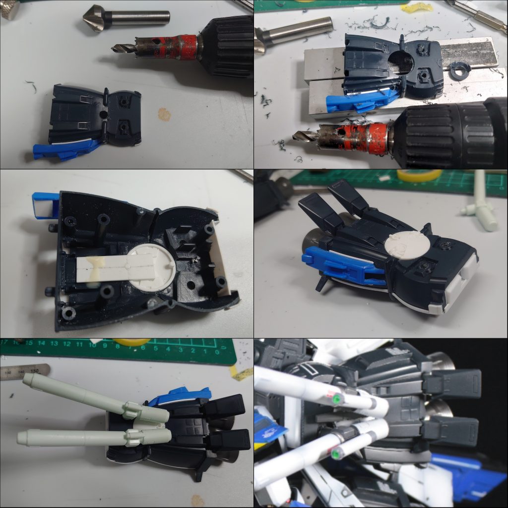 EXブースターは1／144旧キット使用してるので、少しディテール追加です。ビルドパーツのレドームを無理くり入れ込みます。Φ15ホルソーで思い切ってあけます。切り口は面取りカッターでさらえます。スポンジやすりで整えます。あとはプラ板でダボ穴をつくり、塗装後に入れ込んで終わります。