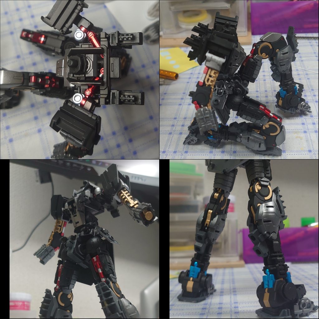 大事なのはフレームの塗り分けです。90パーセントは隠れますが、関節部、シリンダー部、など稼働させた時に、おっ！(*ΦωΦ*)となるようにしておくと、ロマンをかんじますよ。ここまでご覧いただきありがとうございましたm(_ _)m