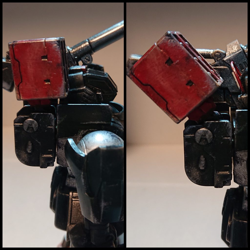 ミサイルポッドは、GフレームザクⅡのミサイルポッドを片側を削り、瞬間接着剤で接着しました。又、接続部はコトブキヤのジョイントパーツを使用しているので、角度の調整が可能です。