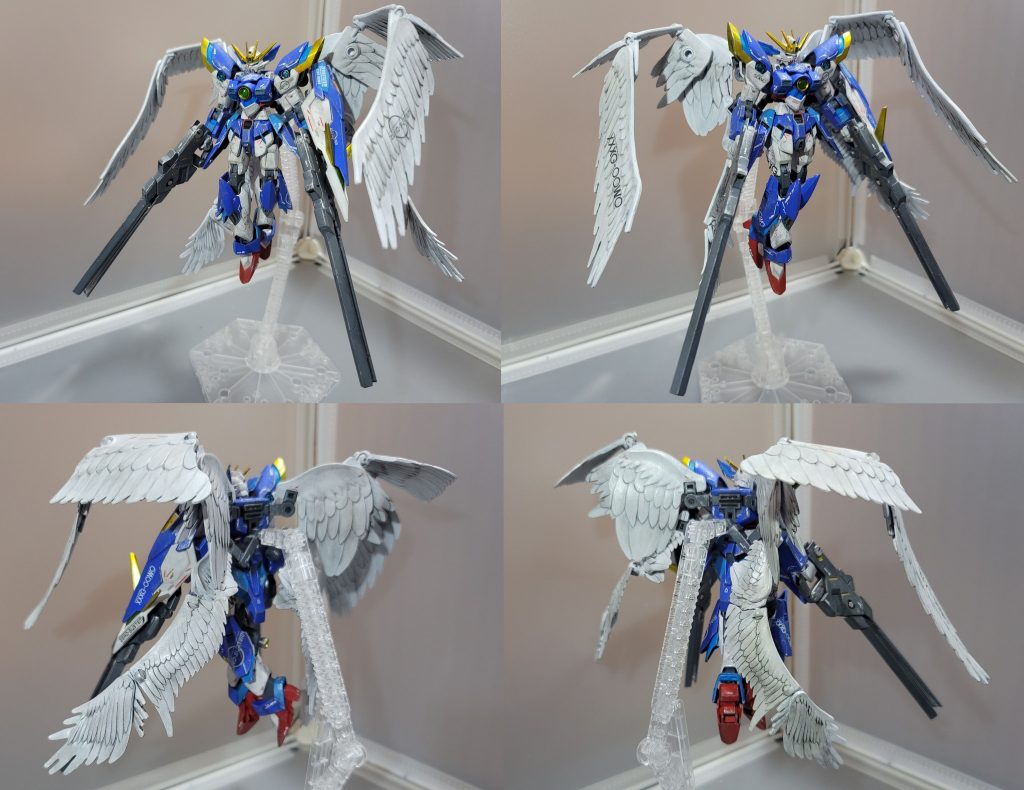 武装を持たせた4アングル両バスターライフルは磁石でサイトスカートにマウント可能これはHiRM版の設計を頂いたものですツインバスターライフルの合体も磁石によって楽にできますシールドも磁石で左腕にマウントで装備また、干渉が多くて落ちやすいけど非使用時は磁石マウントでリアスカートに置くこともできます4枚羽のスカイハイウイングスを装着するために30MS系のバックパックジョイントパーツを移植しました穴は一つ余ってしまうがウイング系は足を閉じるポーズの需要は多く股間のスタント穴を使うのが不適切と思ったのでこの余った穴はスタント穴として使うことにしました