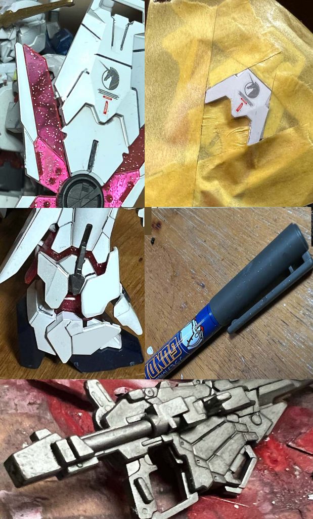 デカールはシールドのみ貼ってみた。クリアを吹くときは貼った面だけにする。エナメルでの墨入れができないので、墨入れペンを使用ライフルは一旦シルバーに塗ってからパステルを載せていって金属感を出してみた。