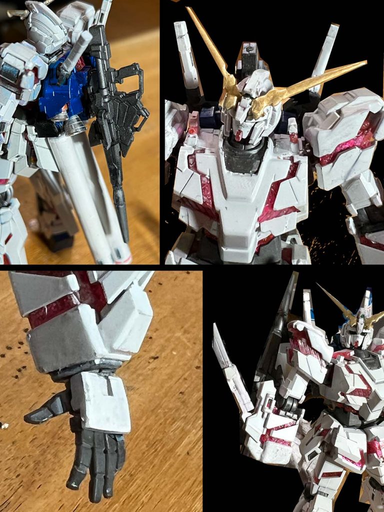 ライフルは背面に装着。アンテナは金塗装RGから平手移植。ジョイントボール軽が異なるのでHGのジョイントに切り貼りで変更。剣は写真のようにジャックナイフ的に腕から出てくるというのも考えたが、普通に持たせるほうがいいかなーと思った