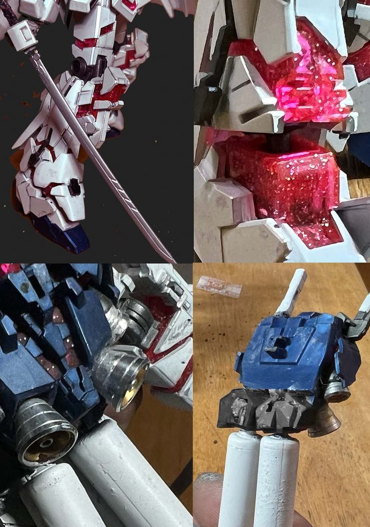 実剣を持たせるために手首の角度変更。クリアパールverのサイコフレームはラメが入って蛍光になっている。チタニウムフィニッシュのサイコフレームは蛍光ではないのでこちらのほうがいい。バーニアはメタル化。プロペラントタンクはシナンジュのモノの取り付け基部を極限まで切り詰めてバックパック裏に貼り付け