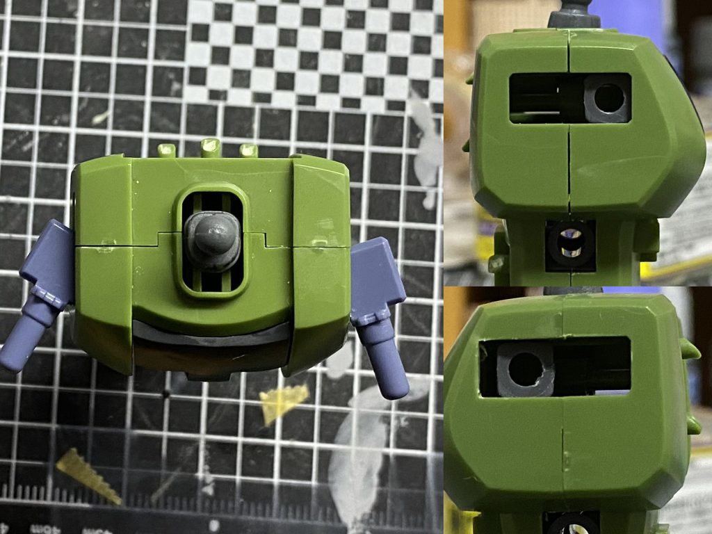 肩と接続する関節の可動域を広めるために、胴部の側面をカットしました。before(右上)after(右下)