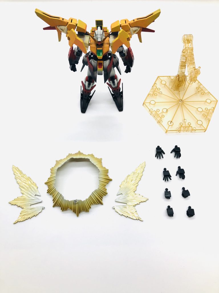 カラーレシピ（塗料は一部を除きアクリジョンで統一）橙→蛍光イエロー:イエロー少量、上から蛍光オレンジ:オレンジ少量赤→蛍光レッド:レッド少量赤②→レッド90%:グリーン10%白→ホワイト80%:グレー10%:グリーン10%黒→ブラック90%:グレー少量カメラアイ等→メタルグリーン（非アクリジョン）光の翼→白サフ→クリアゴールド（クレオスメタリック）→プレミアムガラスパール（ガイアノーツ）