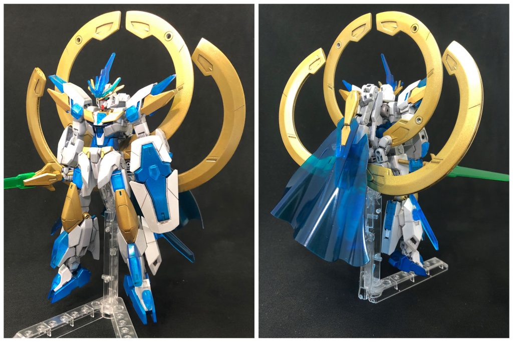 [クロノスナイトガンダム]ナイトコアガンダムが麒麟のアーマーを装着した形態。全体的な能力強化に加え、時間操作というチート級の能力を麒麟から継承する。ただしクロノが時間操作を使用するには相当の集中力が必要な為、長時間・広範囲での使用は難しい。背中の順転の輪(小型の方)には時間の速度をアップさせる[ファスト]、逆転の輪(大型の方)には時間の速度をダウンさせる[スロウ]という術が組み込まれており、どちらも麒麟か本機でのみ使用可能。余談だが、兄であるファン・ロン(黄龍)の[空間操作]と合わせることで、時間と空間を支配する無敵の能力となる(と理論上は予想されているが、現在まで二人が同時に能力を発動した事は無い)。これこそ兄妹が狙われる原因であり、その力を我が物にしようと近づく輩が後を絶たない。