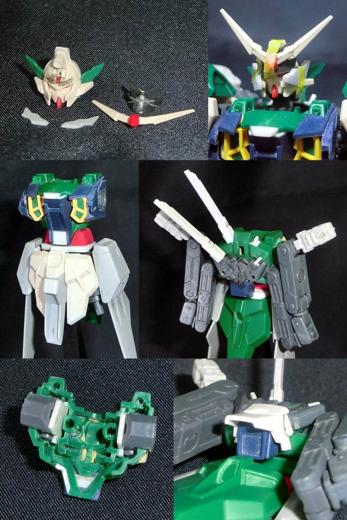 頭部：プロヴィデンスの代名詞、クルーゼの仮面のようなパーツを調整して接着胴部：リナのままだと元機のボリューム感が出ないから削り込んでポリキャップの位置を１ｍｍ外側に　サーベルはガンダムスローネのモノを使用腰部：プラ板の積層で２ｍｍ胴を長く、フロントアーマーは短く　サイドアーマーはドラグーンがそのままついても違和感ないようにシグーのモノを使用