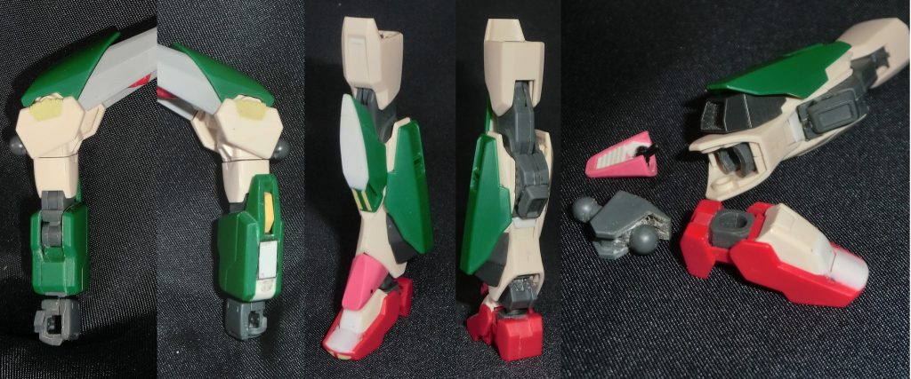 腕部：プロ肩を差し込めるようにリナ肩を加工　不要ディテールを塞ぐ脚部：変形機構は不要のため、動かないよう内側をパテ埋め　膝裏,外面にスラスター追加　足首は内側をパテで埋め、つま先を短く加工