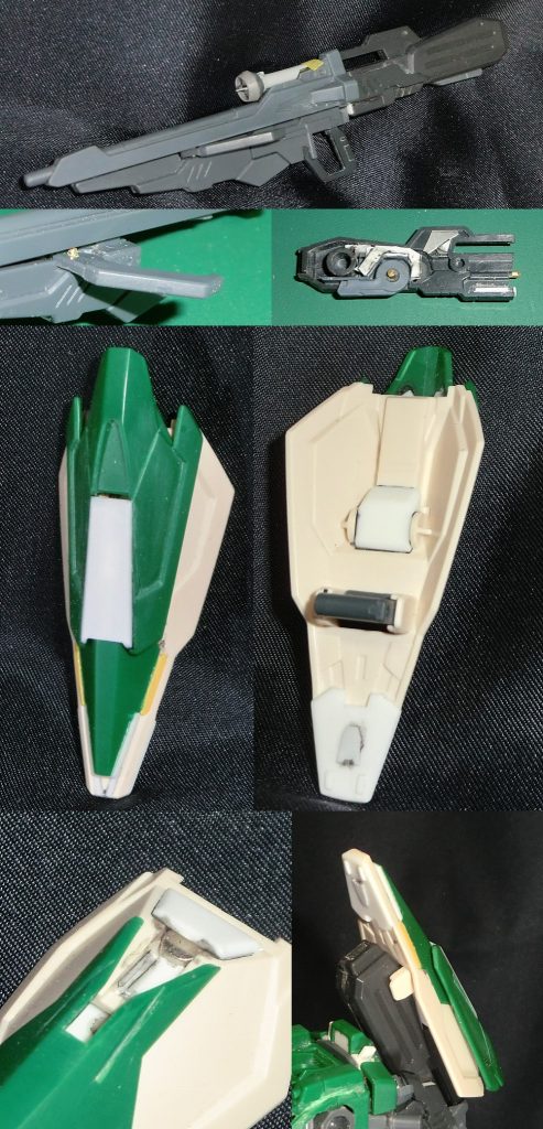 ビームライフル：サーベル4本使用時に邪魔になるので、本体背面につけれるように接続パーツを設置　デザインナイフを折って見えない内面に固定シールド：リナほどの大きさは必要ないので短縮　内蔵サーベルも必要ないので排除してただのシールドに　背面装備時、ライフル内部のデザインナイフ片と繋げるためにネオジムを設置