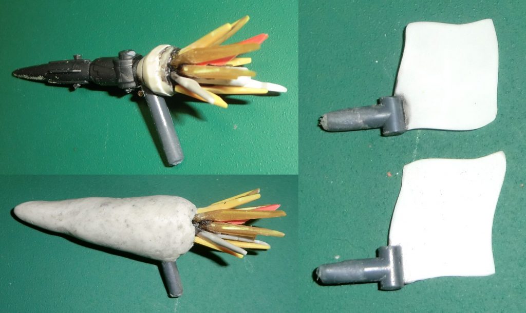 魔剣ダイコンブレード：大根葉をジャンクのアンテナで作るのは大発見ぬのハンカチ：曲げた薄いプラ板　塗装後「ぬ」を書くのが大変でした