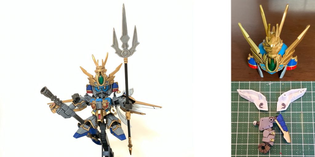 ●メイン画像全身・制作工程・兜画像:金塗装比較左側:ガンダムゴールド(ガンダムマーカー)右側(採用色):スーパーリッチゴールド(ミスターホビー)・左腕画像:肩鎧の後ハメ加工