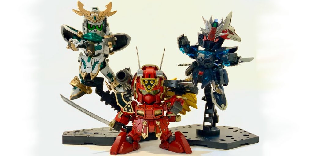 ●3体集合・紅武者、零丸、佐助デルタガンダム制作当初、「ガンダムビルドファイターズ トライ」の世界観で、チーム「シノビ」を再現するのが目的でした。