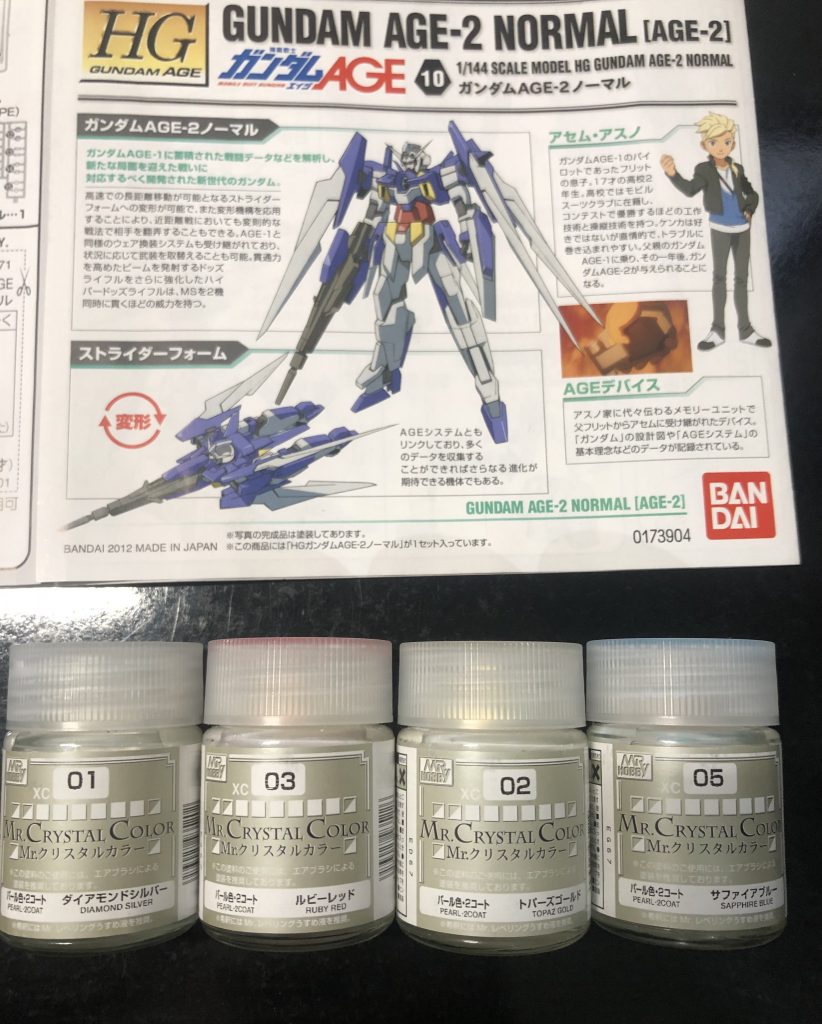 使用したのはこちらの4色元のAGE-2ノーマルの「ホワイト→ダイヤモンドシルバー」「レッド→ルビーレッド」「イエロー→トパーズゴールド」「ブルー→サファイアブルー」と各色に合わせて偏光パールを吹いています。これでも少し厚めに3度塗り(希釈、塗り方は通常塗装と同じで)してるのですが、それでも写真では殆ど見えない...パール塗装を写真撮ってSNSにあげてる方って一体どんな塗り方したらあそこまで綺麗に写るんすか...