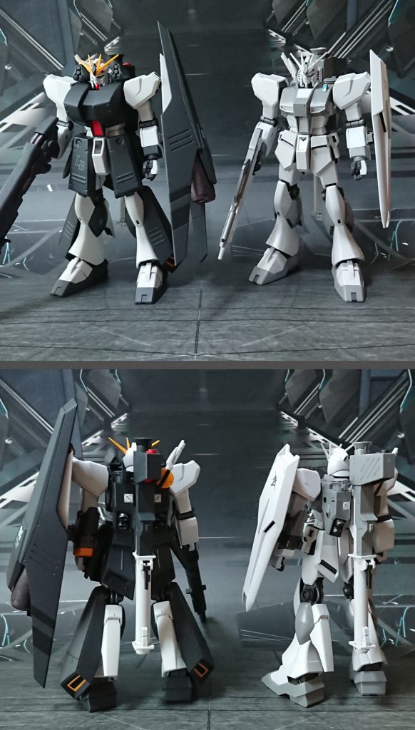 HGUC通常版は持っていないので、HG 1/144 νガンダム(ファーストロットカラーVer.)を赤ランナー未使用で組んだものと比較。
