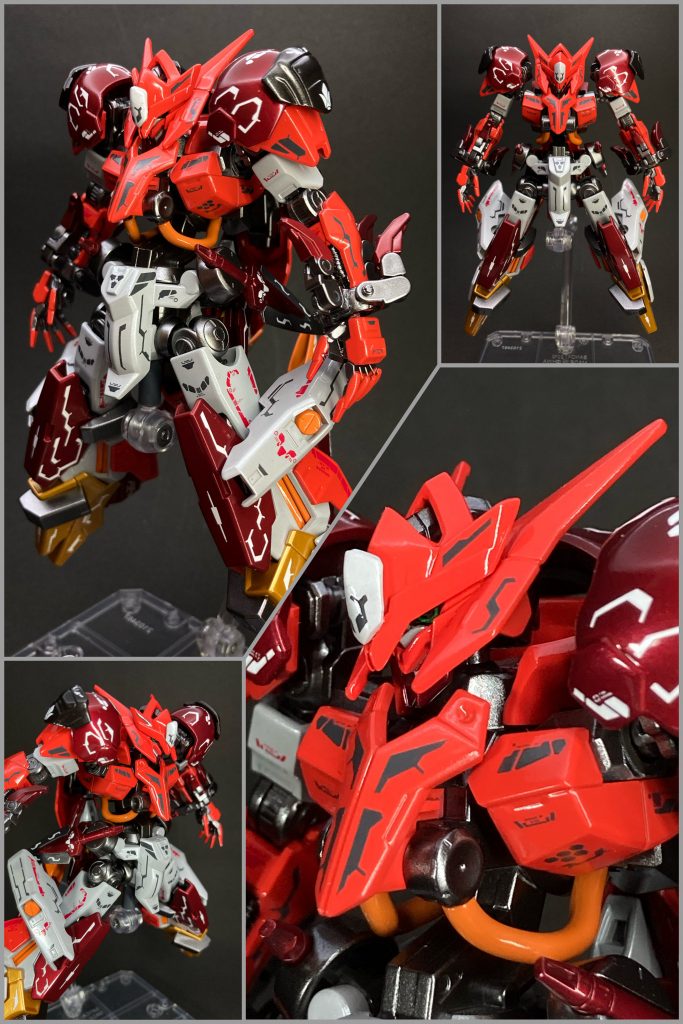 機体テーマ：鉄血世界のマックナイフを表現しております🤵🏻‍♂️機体説明：序列40番目の悪魔『ラウム』の名を持つ機体一見ガンダムフレームには見えないがその詳細は不明空中戦に特化しており厄災戦時は対MA機として活躍していたとか…別名『穹の悪魔』