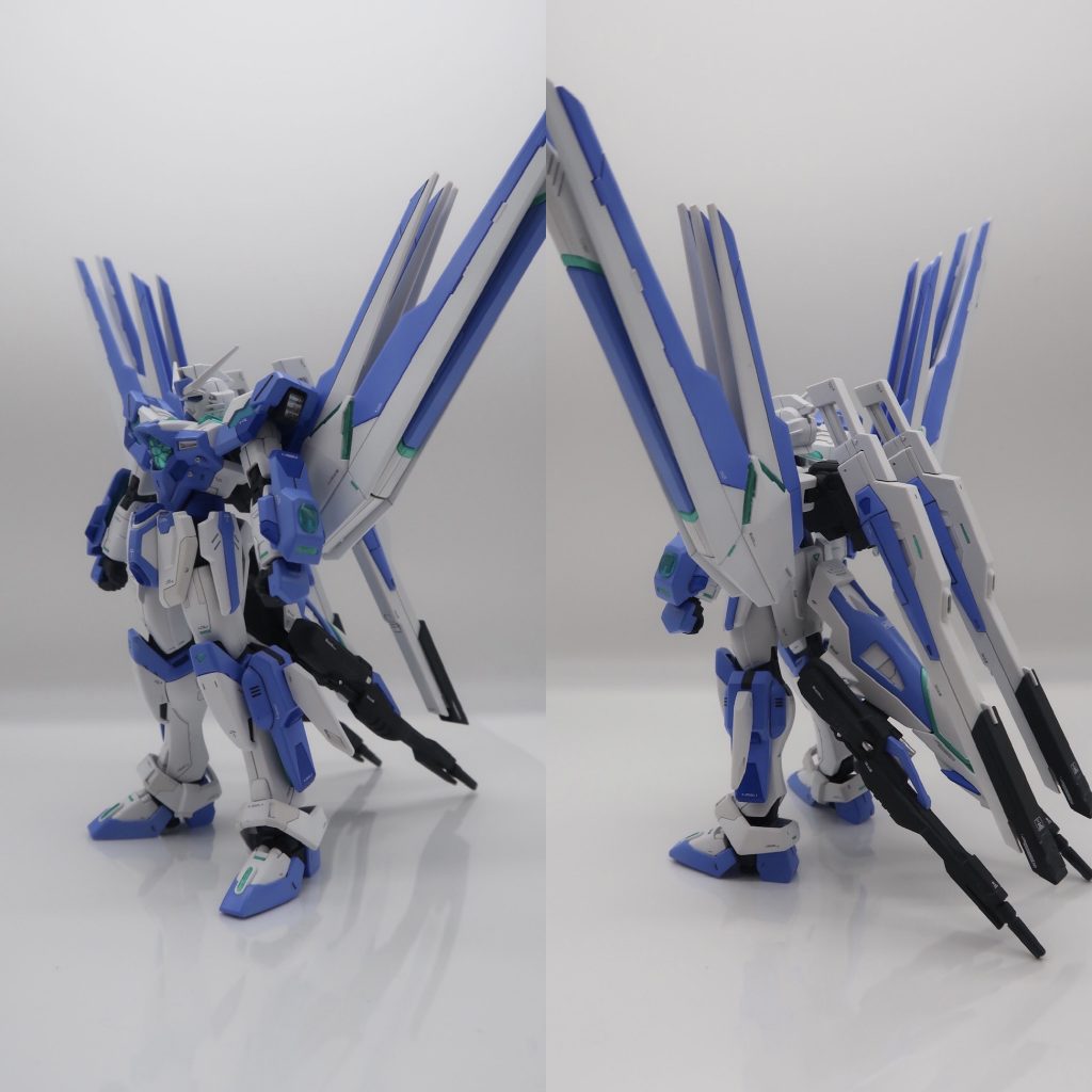 まずは立ち姿から。色合いはヘリオスの改修機なので、ベースは変えず、白青をメインにして、所々にメタルグリーンをアクセントで入れてます。羽の配色を変えたのがこだわりです。あとは、デスティニーの血涙はヘリオスのイメージではなかったのでパテで埋めました。