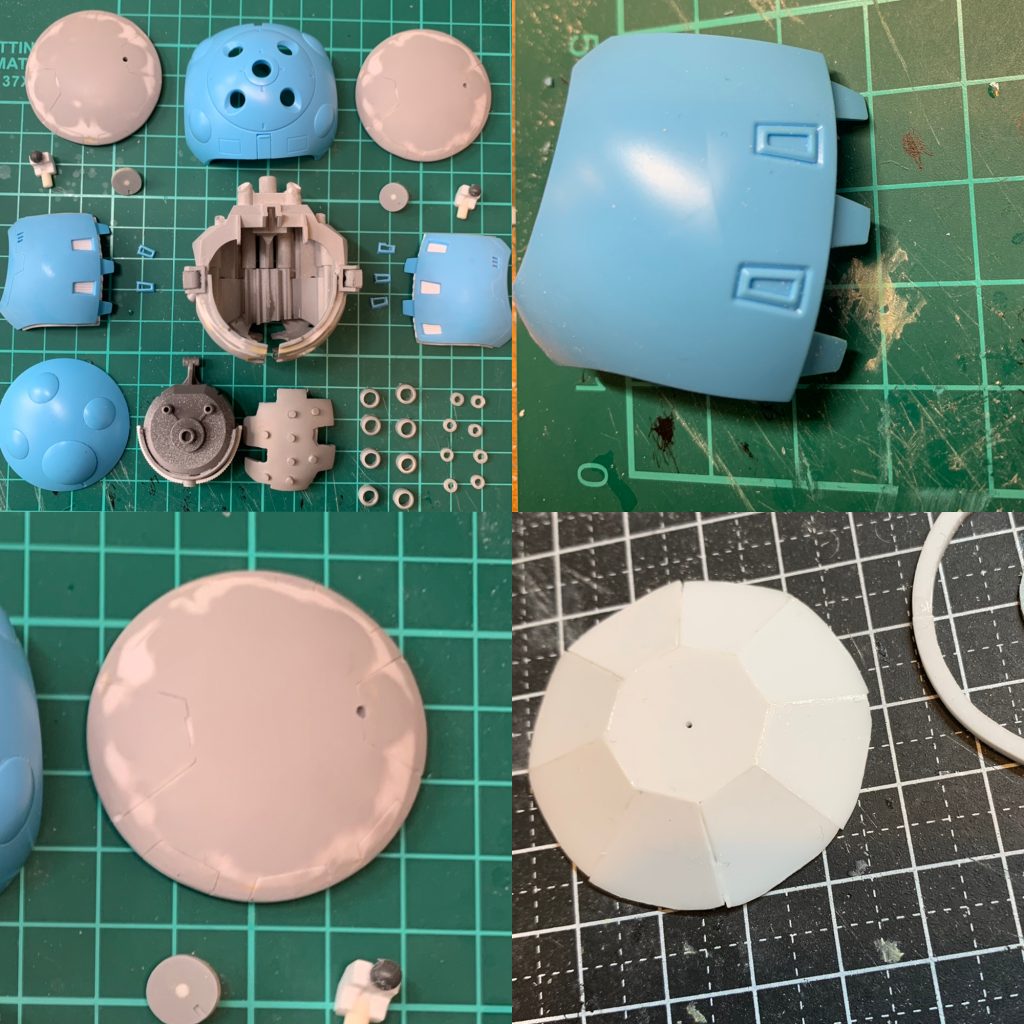 ボディと肩です。ボディもパーツがあって比較的楽な部分です。腹の8連ビーム砲はモモカプルには無いのでプラパイプで自作。その上のダクト的な形状の物は、やはりぬるい造りなので一度切り離し整形し直しました。ついでに内側も横モールドを追加しています。肩はプラ板の箱組みして削ってRを出しています。ヒートプレスも検討しましたがこちらを選択しました。滑らかなラインを出すのに苦労しました。