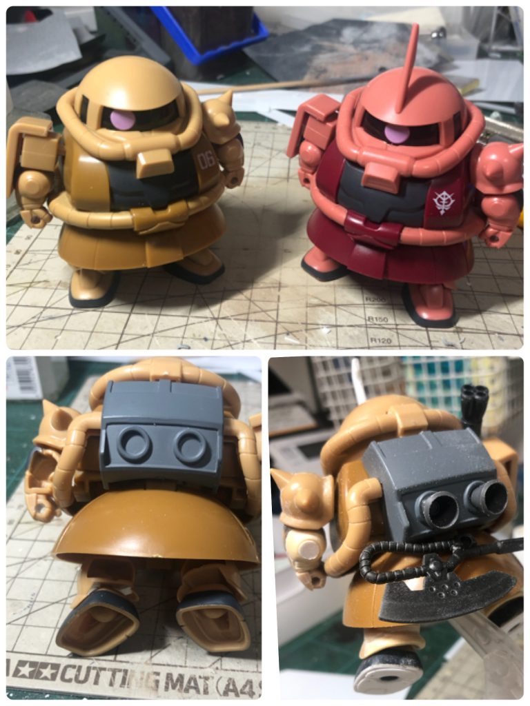 無加工状態と作業途中です。背面から見るとかなり派手な肉抜きがあるので腕はパテで埋め、足裏はプラ板で塞ぎました。トップヘビーでフラフラするので可能なら足の中に何か詰めて重くするのがオススメです。