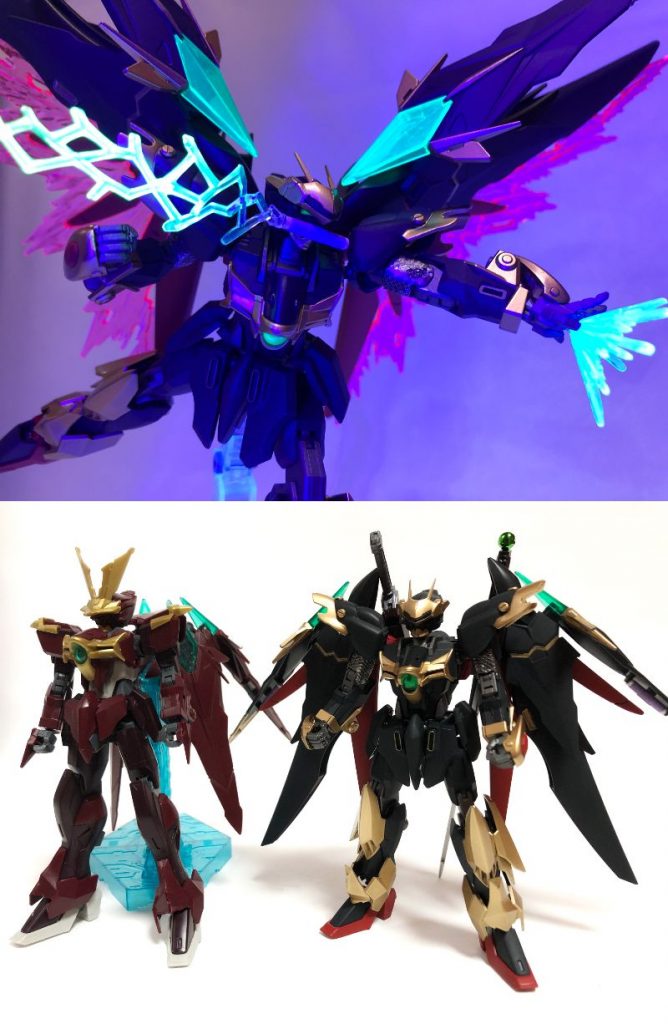 蛍光塗料はブラックライトで楽しめますね~より忍っぽい?最後に元キットと並べて。どちらも背負い物がデカすぎて自立厳しいんですが格好良さと引き換えなので已む無しです(;'∀')______________________________というわけで運命(さだめ)忍パルスでした。忍パルス購入当時からいじるならデスティニーインパルス+服部半蔵にしようと考えてました。影の軍団の服部半蔵も唯一無二の格好良さなんですがビジュアル的にもサムライスピリッツの半蔵が好きなのでこういう感じに仕上がりました。名前は影の軍団から拝借して影ノ型とさせていただきました~忍者全般は大好物なので他にも風魔小太郎の風ノ型や加藤段蔵の鳶ノ型とかバリエーション追加でやってみたいですね♪いつものようにギリギリの投稿になってしまいましたが、ここまでご覧頂きありがとうございました!!